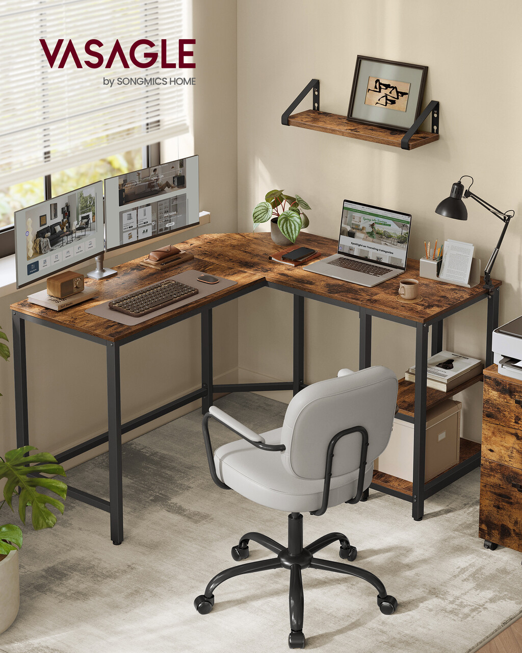 Birou de colt L-Shaped, Vasagle, design reversibil, 130x120x74.7 cm, PAL/otel, maro rustic - imagine 7